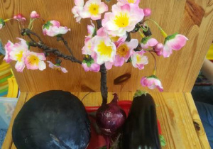 Przedmioty do dotykania: kapusta, cebula, sztuczna gałązka kwitnącej jabłoni, bakłażan, buraki.